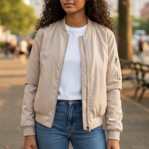 NWT New Look Brand Jacket Womens Size L Sporty Bomber Style Beige